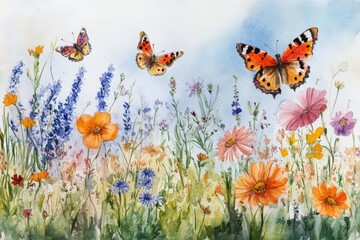 Watercolor Painting of Butterflies and Wildflowers