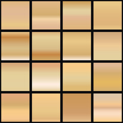 Metalic gradient collection with shiny rainbow hologram. Holographic foil texture, golden, blue, yellow, pink gradation. Vector set for frame, ribbon, border, other design.