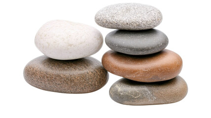 A small stack of smooth river stones on a white background ideal for wellness, decoration, and tranquility-themed projects. Perfect for meditation and nature-inspired visuals..