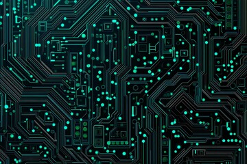 Abstract close-up of a glowing blue digital circuit board, showcasing intricate connections and technological design on a black background.
