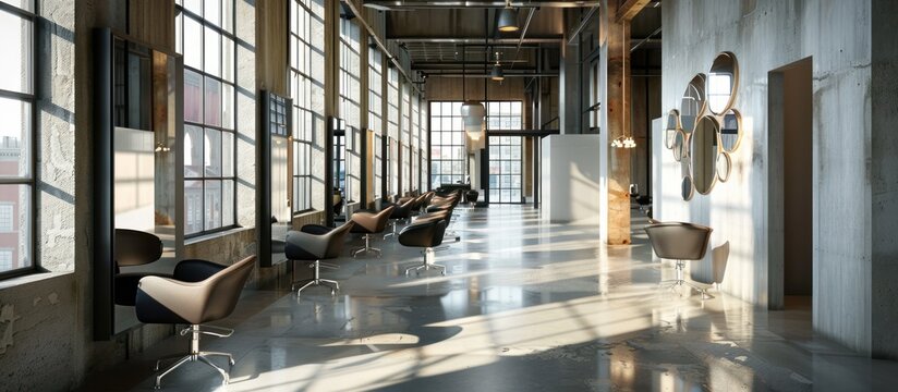 Modern hair salon interior with large windows, stylish chairs, and polished concrete floors.