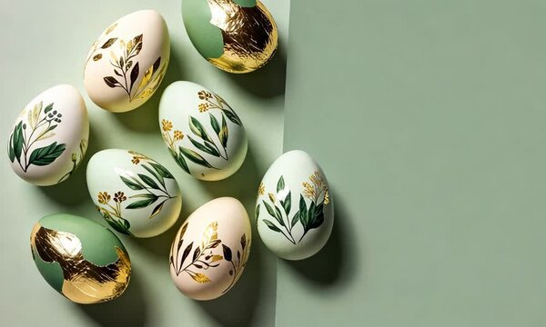 Elegant Easter eggs with leaf patterns and gold foil accents on a soft green background. Natural and sophisticated holiday theme. Copy space for text background