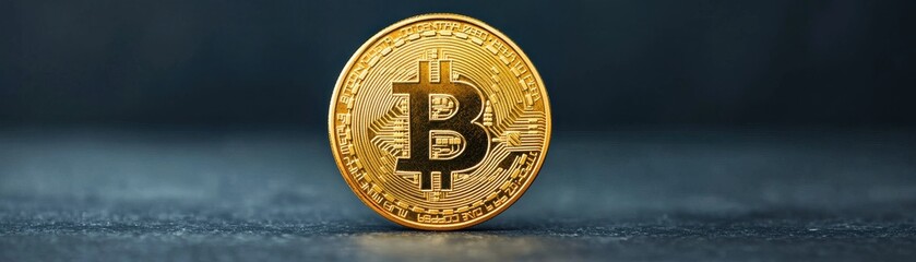 A shiny gold Bitcoin sits on a dark surface, symbolizing digital currency and the rise of cryptocurrency in modern finance.