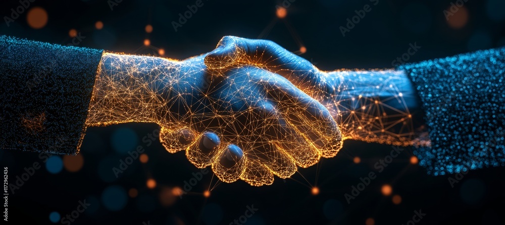 Poster digital handshake glowing abstract connection representing fintech collaboration and partnership