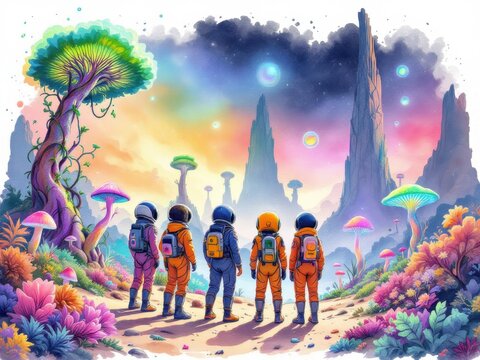 A group of hikers walks towards the unknown in a fantastical landscape, creating a sense of exploration and adventure.