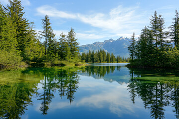 Obraz premium A serene mountain reflection appears in a calm lake surrounded by lush greenery. Generative AI