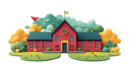 Fototapeta premium Flat Style Illustration of a Vibrant School Building with Lush Surrounding
