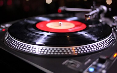 Close-up of a turntable playing a vinyl record.