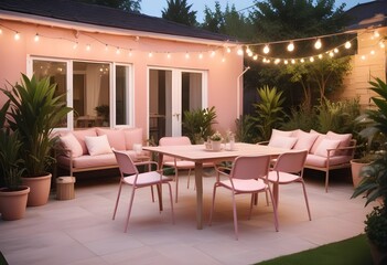 Fototapeta premium Lounge and Dining Area at Modern Home Backyard. Beautiful Design and decoration. 