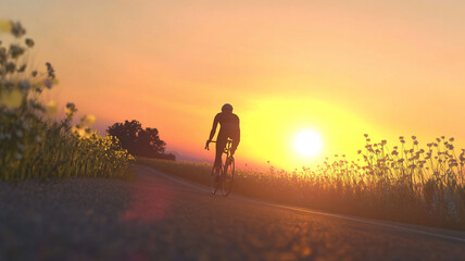 man cycling during summer on the road during sunrise with a low Angle 