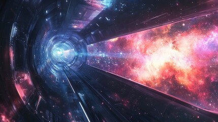 Futuristic space station interior with stunning view of the galaxy