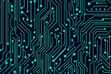 Abstract close-up of a glowing blue digital circuit board, showcasing intricate connections and technological design on a black background.
