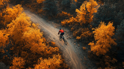 riding a mountainbike during fall in the forest during mid-day with a birds eye view 