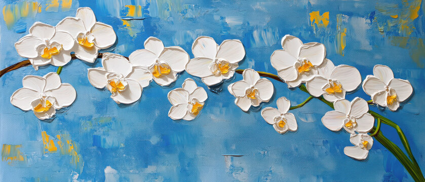 Oleo sobre lienzo de arreglo floral con orquideas en rama sobre fondo azul. Concepto arte para impresiones, celebraciones, bodas, aniversarios, dia de la madre, san valentin