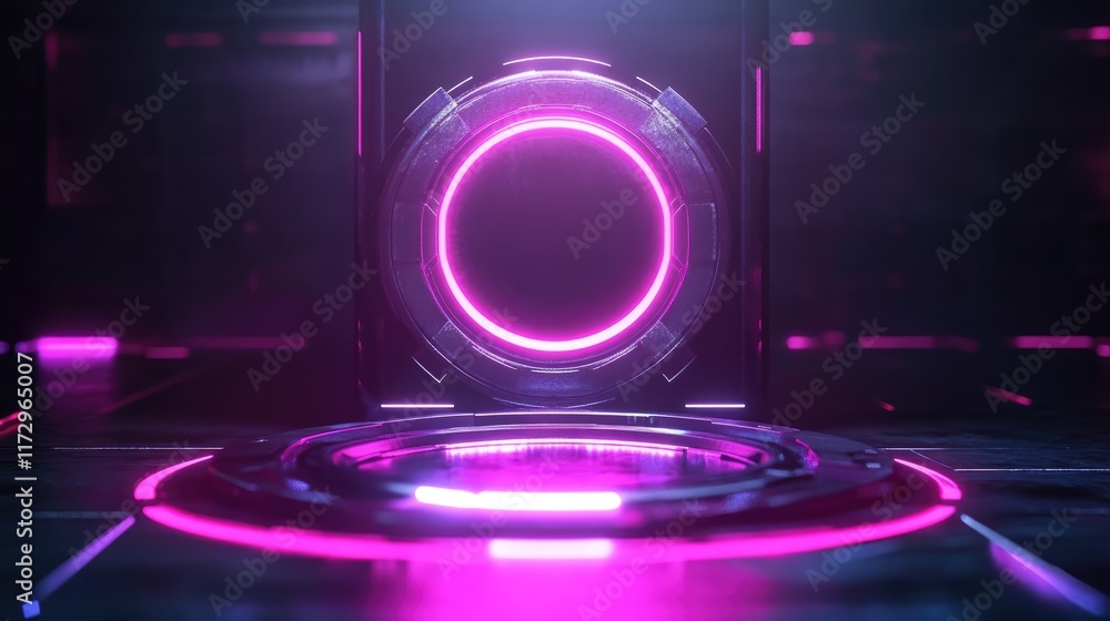 Poster game portal ui with hologram light technology and neon circle effect. futuristic game technology
