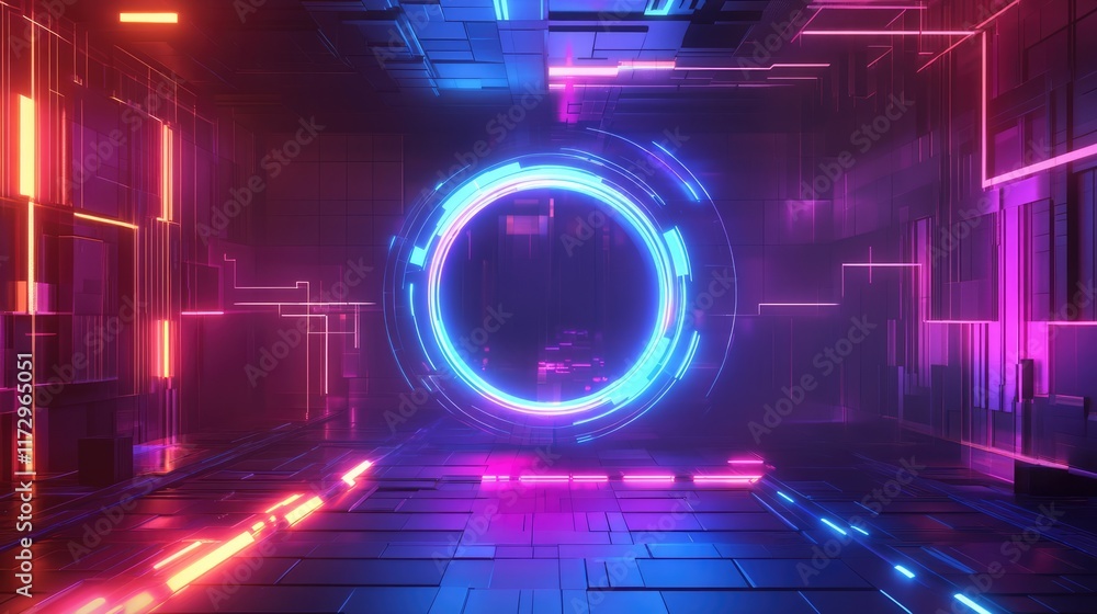 Poster game portal ui with hologram light technology and neon circle effect. futuristic game technology