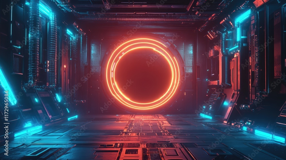 Poster game portal ui with hologram light technology and neon circle effect. futuristic game technology