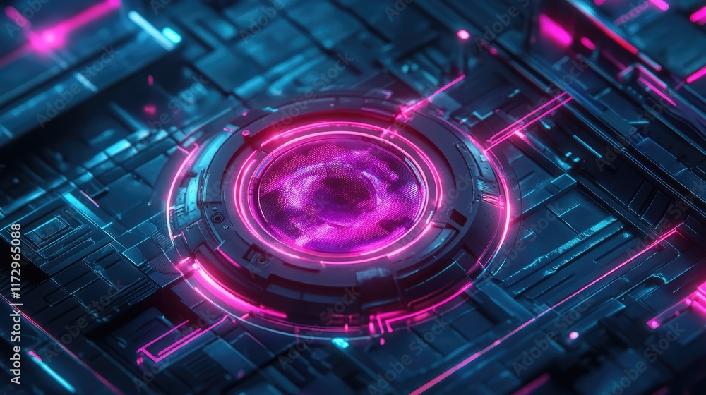 Poster game portal ui with hologram light technology and neon circle effect. futuristic game technology