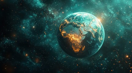 Naklejka premium A vibrant depiction of Earth in space, highlighting continents and city lights.