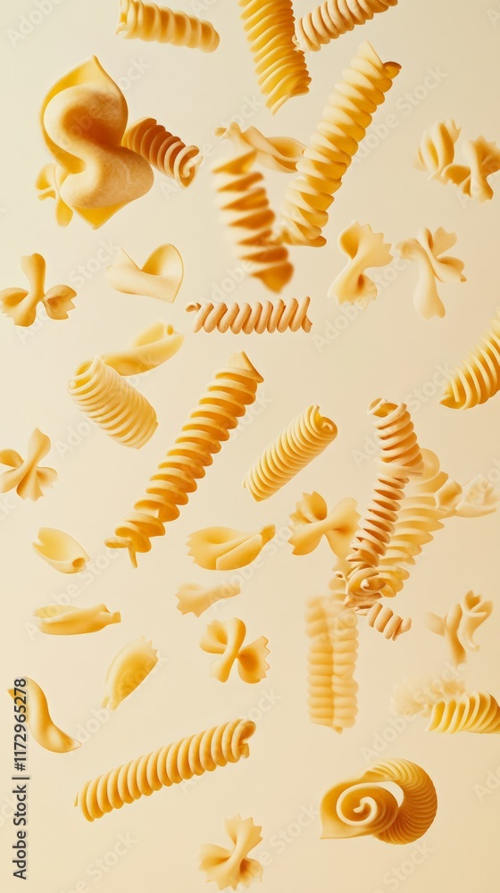 Aufkleber Several pieces of pasta in various shapes are gracefully levitating against a soft cream background, creating a captivating visual effect that highlights their unique forms