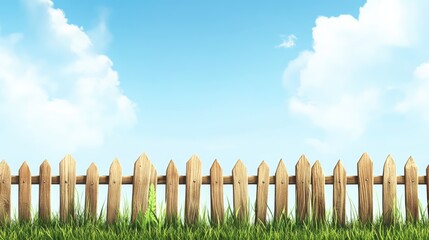 Obraz premium Garden fence with green grass and blue sky at summer day, Wooden fence to protect the backyard