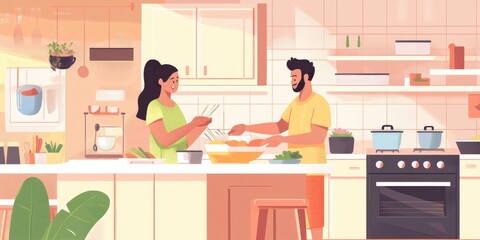 Illustrations of natural and straightforward scenes featuring everyday home cooking.
