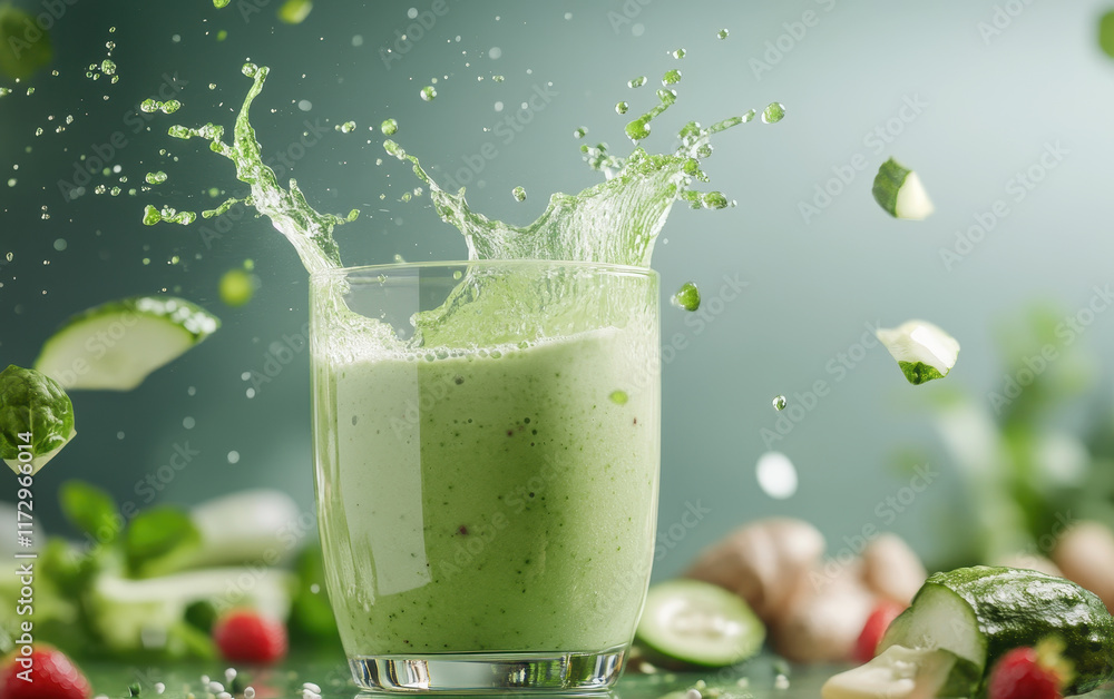 Poster refreshing green smoothie with dynamic splash effect, surrounded by fresh ingredients like cucumber 