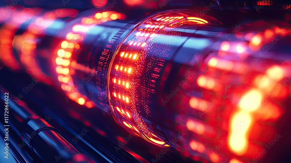 Poster neon abstract background idea. close-up view of glowing red tubes in modern technology or science eq