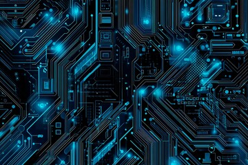 Abstract close-up of a glowing blue digital circuit board, showcasing intricate connections and technological design on a black background.
