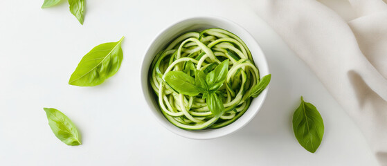 Obraz premium Fresh spiralized zucchini pasta garnished with basil leaves in bowl