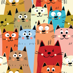 Seamless pattern with cute kitten print. Different scandy cats on color background. Scandinavian style illustration for kids. Vector illustration for fabric, textile, wallpaper, home clothing, pajama.