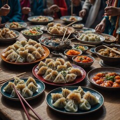 A festival table filled with colorful dumplings, chopsticks resting beside each guest's plate.