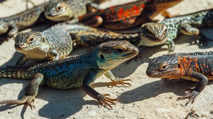 Fototapeta premium A group of colorful lizards basking on a rocky surface in natural sunlight.