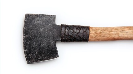 Close-up view of a rustic hand axe with a wooden handle and leather wrap, isolated on white.
