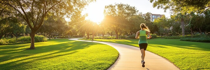 Woman Jogging in the Park, Sunrays Through Trees, Fitness and Healthy Living Stock Photo