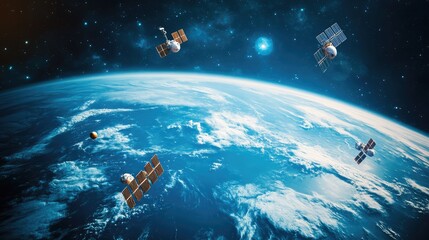 Geostationary satellites aligned over Earth against the backdrop of space