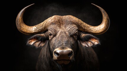Naklejka premium Close-up portrait of a majestic African buffalo bull against a black background.
