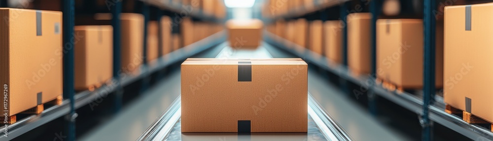 Poster a focused view of stacked cardboard boxes in a warehouse, emphasizing organized storage and logistic