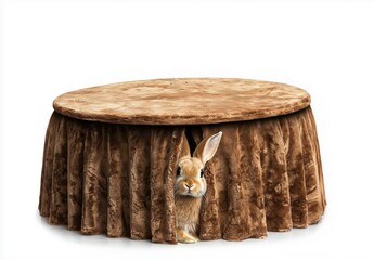 A curious rabbit peeks from behind tablecloth on a round stage