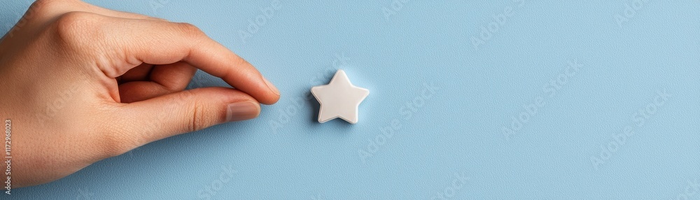 Poster a hand gently holds a small star-shaped object against a soft blue background, creating a serene and