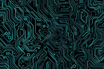 Abstract close-up of a glowing blue digital circuit board, showcasing intricate connections and technological design on a black background.
