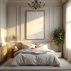 Mockup poster frame in minimalist modern interior, framed with warm lighting, soft textures, natural elements, and a harmonious blend of modern and vintage decor.