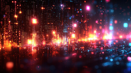 Obraz premium Neon cityscape at night with digital rain, reflections, vibrant lights