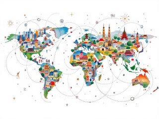 A world map with cities and landmarks displayed using colorful designs, representing global culture and travel.