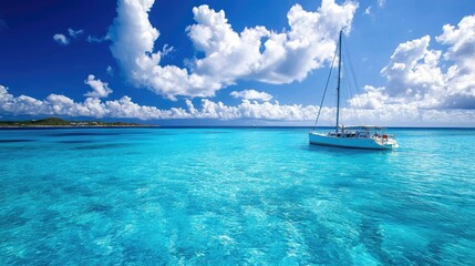 A sailboat floating peacefully in a brilliant blue sea, with soft puffy clouds scattered in the sky