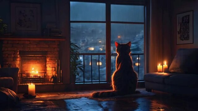 A warm, cozy room candles glowing fireplace contrasts cold, rainy city outside. cat watches rain with calm curiosity, 2D anime style, 4k High-Quality background animation video