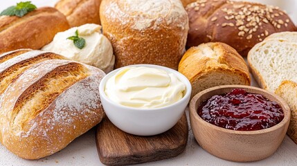 Assorted artisan bread loaves, rolls, butter, and jam.