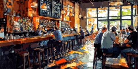 Naklejka premium Artfully painted bar oil paintings in a lively and inviting atmosphere.