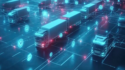 Global fleet management network with trucks, icons, and digital connections