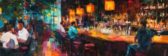 Artistically capturing the bar scene in a lively and inviting atmosphere.